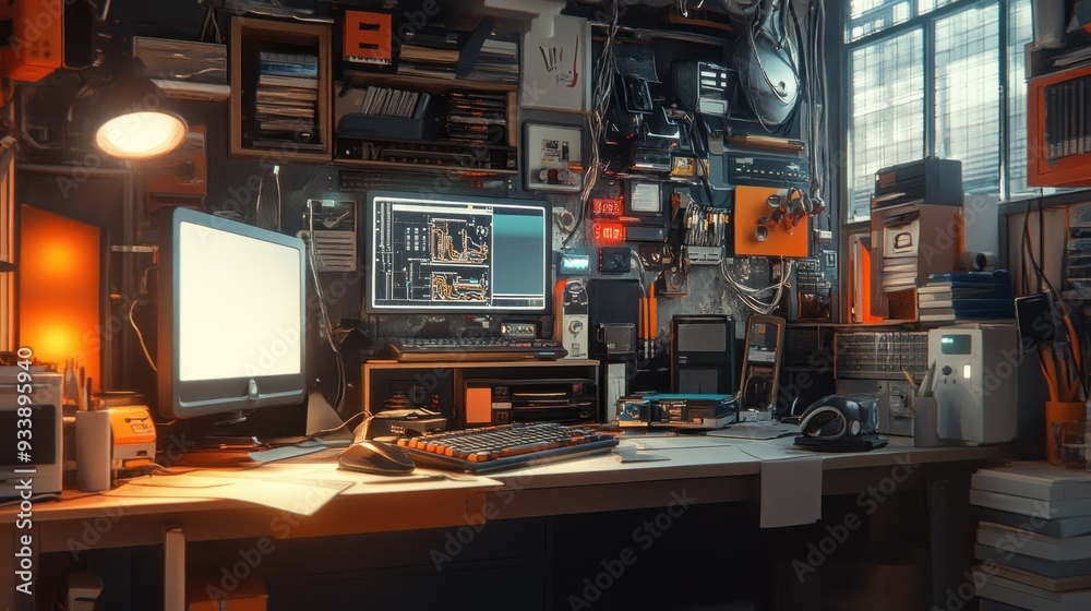 Poster A cluttered computer desk with a desktop, a monitor, and a keyboard.