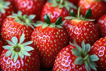 The abundant background of ripe, red strawberries, showcasing their natural freshness and summer appeal, with a focus on texture and color