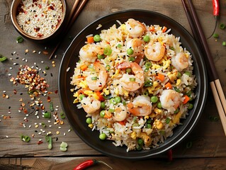 Fried Rice. The most popular Chinese dishes. A dish made with pre-cooked rice stir-fried with eggs, vegetables, and often meat or seafood, seasoned with soy sauce and other ingredients.