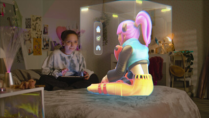 Young girl uses tablet computer, talks to virtual reality hologram in metaverse sitting on bed at home. Futuristic 3D graphics of animated avatar. Technology of AI friend simulation. Augmented reality