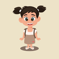 Lovely little girl in a white brown dress with a small backpack on her back. A happy smile on her face radiates happiness and openness to knowledge. Vector illustration in warm colors. Cover concept