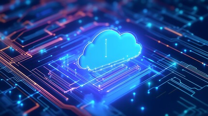 Futuristic digital illustration of a glowing cloud surrounded by electronic circuits, representing cloud computing and modern technology.