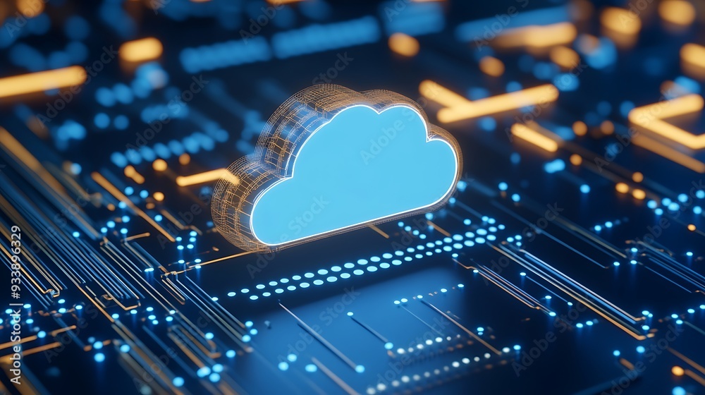 Poster futuristic digital representation of cloud computing and data storage technology with neon lights an