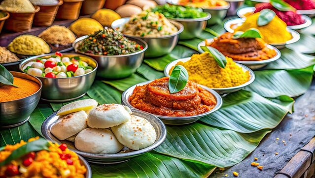 Vibrant Indian street food scene with colorful spices, steaming idlis, and savory dosas served on a banana leaf at a bustling outdoor market.