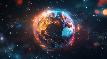 Obraz premium Earth with Glowing Auroras and City Lights in Space