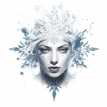 An ethereal ice queen portrait featuring intricate snowflake details conveys winter's serene beauty.