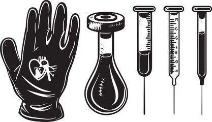 A simple vector icon set featuring a medical glove, test tube, heart rate, and thermometer