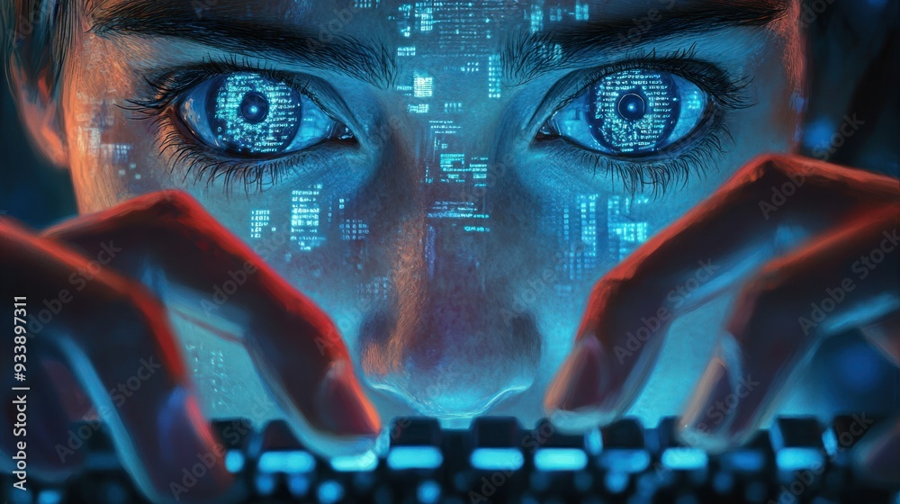 Poster close-up of a person's face with blue eyes and code overlaid typing on a keyboard