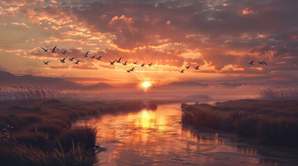 Birds flying over a calm river during a vibrant sunset