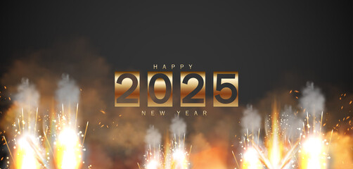 The night sky is filled with brilliant fireworks, celebrating the joyous arrival of New Year 2025