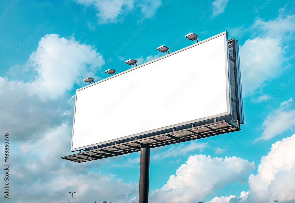 Wall mural blank white billboard against a bright blue sky with clouds, mockup poster