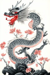 A majestic dragon entwined with blooming flowers, showcasing intricate details and vibrant colors, symbolizing strength and elegance.