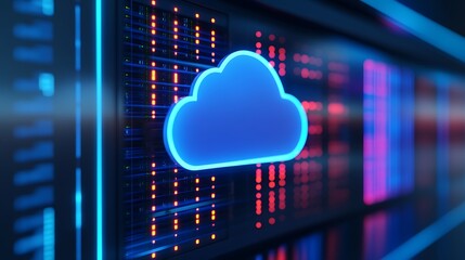 Futuristic server room with glowing cloud icon, representing cloud computing and online data storage technology.