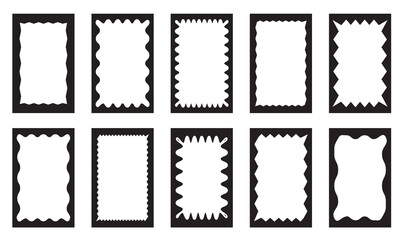 Black squiggle stories frames set. Zigzag wavy edges, retro scallop frames, psychedelic rectangles, photo frames, text boxes, tags, labels.  isolated on white background. Vector illustration. EPS 10