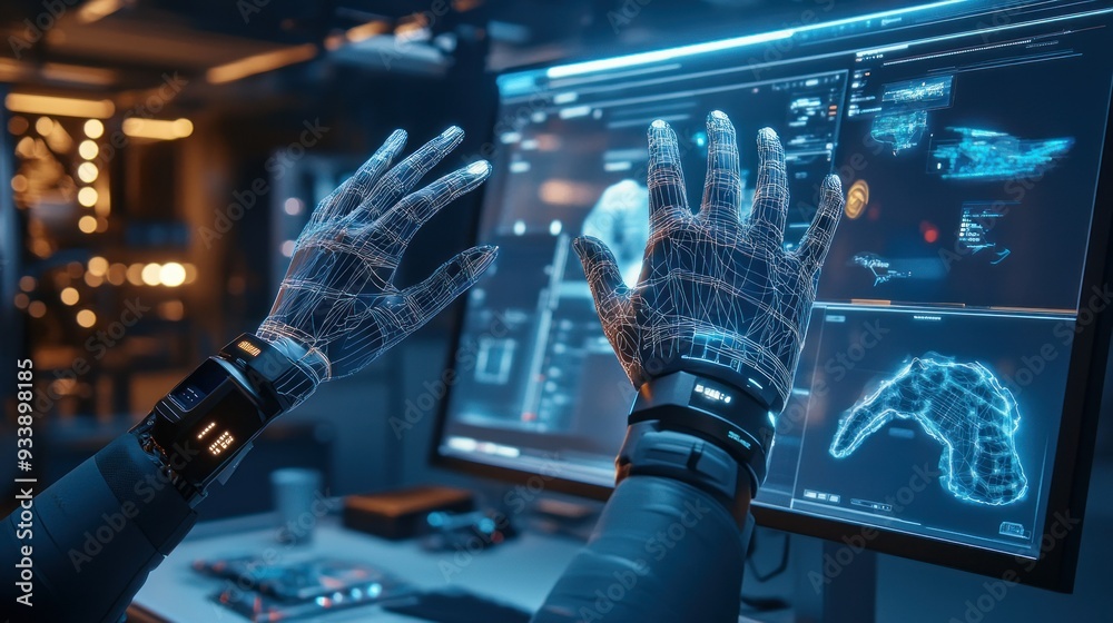 Poster futuristic cyborg hands interacting with a computer screen