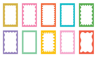 Color squiggle stories frames set. Zigzag wavy edges, retro scallop frames, psychedelic rectangles, photo frames, text boxes, tags, labels. isolated on white background. Vector illustration. EPS 10
