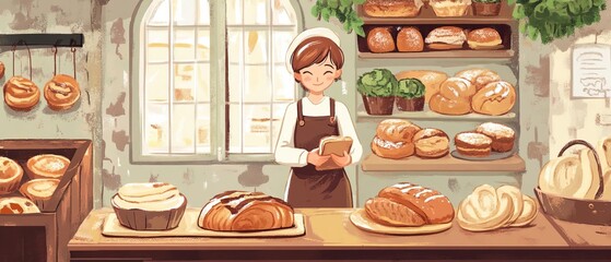 Charming bakery scene featuring a smiling baker surrounded by fresh breads and pastries, showcasing a cozy atmosphere.