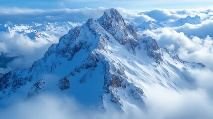 Obraz premium A majestic snow-capped mountain peak rises above a sea of clouds, bathed in the warm glow of the morning sun.