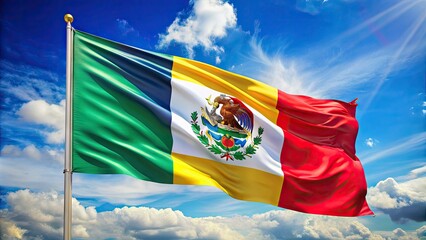 Vibrant Latin American flag waving in the wind, with bold colors and intricate design, symbolizing cultural pride and national identity.