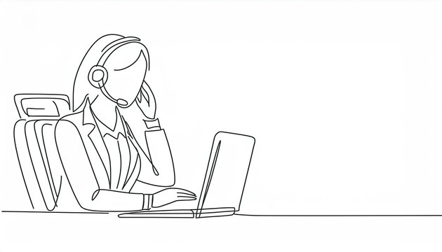 Single continuous line drawing of young happy female call center worker answering complain call from customer kindly. Helpdesk center care concept