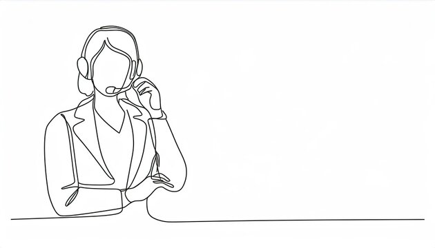 Single continuous line drawing of young happy female call center worker answering complain call from customer kindly. Helpdesk center care concept
