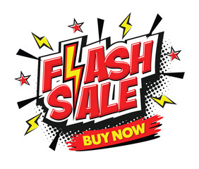 Flash sale template poster or banner with stars, starburst and lightning in comic style. Cartoon vector on transparent background