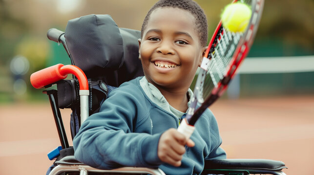 Young black smiling child smiling sitting in a wheelchair. Disabled boy holding a tennis racket hitting a ball. Disability in compeititive sport. Diversity and inclusion in sport representation.