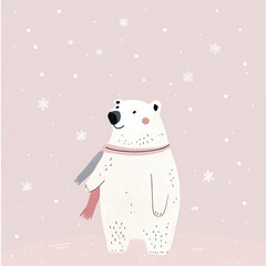 Christmas postcard with a polar bear surrounded by snow and snowflakes on a pink and gray background. Square frame. Design for greetings.