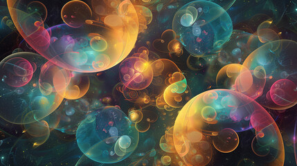 Meaning_of_life_as_philosophical_concept: an illustration with multiple colorful circles on a dark background. Model of the universe and cosmos. Abstraction.