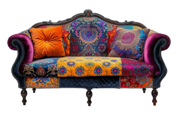 Colorful Patchwork Sofa With Vibrant Cushions Bohemian Design, Vintage Furniture