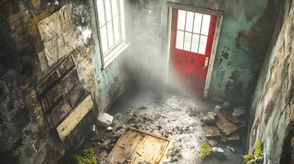 Exploring a Abandoned Room with a Red Door and a Window - A Haunting Journey into Decay