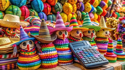 Vibrant Mexican market scene with colorful piñatas, sombreros, and traditional textiles, alongside a stack of pesos and a calculator, highlighting the country's economy and taxation.