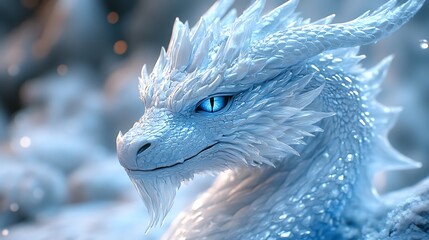 A majestic white dragon with piercing blue eyes stares intensely.