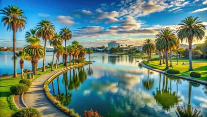 Naklejka premium Vibrant morning scene of Mission Bay, San Francisco, featuring a tranquil lake surrounded by lush greenery, walking paths, and majestic palm trees.