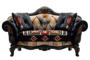 Vintage Ornate Sofa with Tribal Pattern Pillows on Intricately Carved Wooden Frame