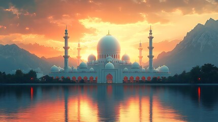 Fototapeta premium A majestic white mosque stands majestically against a dramatic sunset sky, its reflection shimmering in the tranquil waters of a lake.
