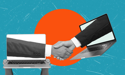 Modern art collage featuring handshakes through a laptop on blue background.