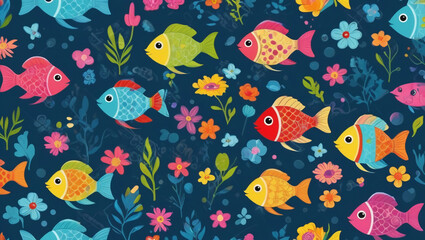 Seamless cartoon fish and flowers pattern with bright colors for children