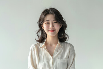 Fototapeta premium A charming Asian woman dressed in elegant white office attire, with a simple and clean design, stands confidently with a professional hairstyle and subtle makeup against a neutral background.