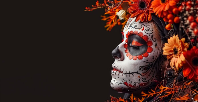 Woman adorned with sugar skull makeup and flowers for Day of the Dead celebration