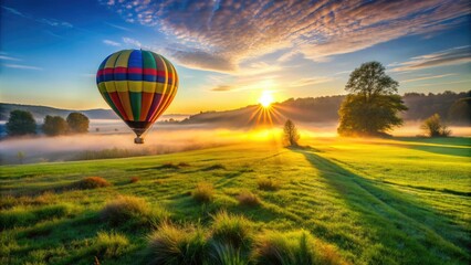 Obraz premium Vibrant multicolored hot air balloon inflates and rises at dawn, casting a long shadow on dewy grass as morning sun illuminates a serene pastoral landscape.