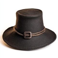 A black hat with a brown strap and a buckle