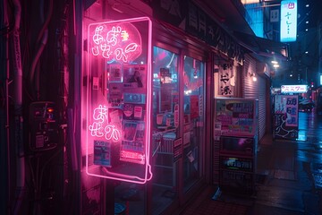 Neon Lights Illuminate a Rainy Street in Japan