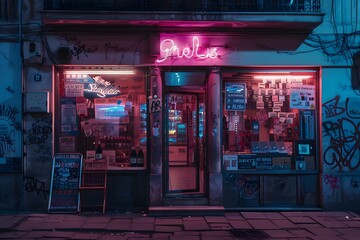 Neon Glow of a Vintage Storefront at Night