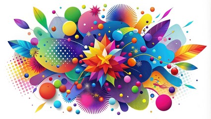 Fototapeta premium Vibrant multicolored splatters explode in a dynamic composition, blending organic textures with geometric shapes, forming a futuristic and abstract vector illustration on a white background.