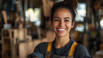 Latino Hispanic Woman Carpenter - woman, workshop, smile, overalls, woodworking, craftsman, happy, carpenter, female, portrait, industrial, casual, artisan