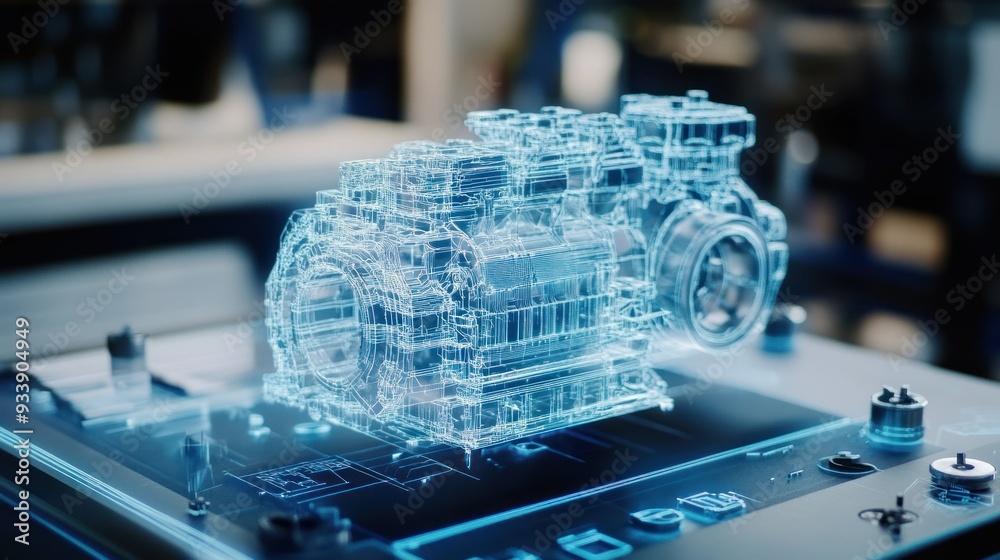 Poster Wireframe Model of an Engine on a Technological Table