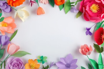 A vibrant frame of paper flowers in various colors arranged around a blank white center.