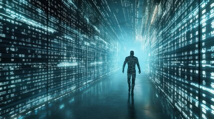 Silhouette of a Person Walking Through a Digital Tunnel