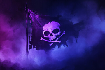 The classic Jolly Roger pirate flag featuring a skull and crossbones design, symbolizing danger and death with a vintage, grunge style